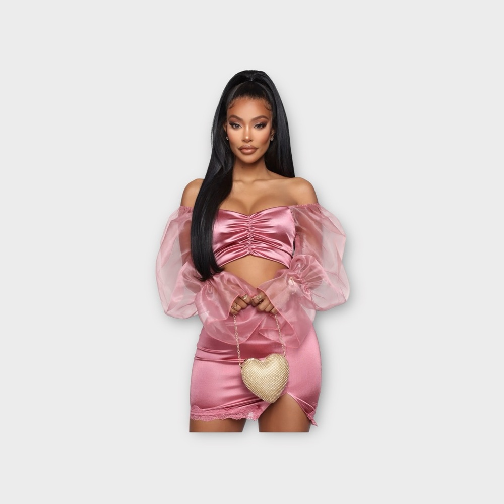 Fashion Nova Pink Off-Shoulder Satin skirt set  with Sheer Sleeves